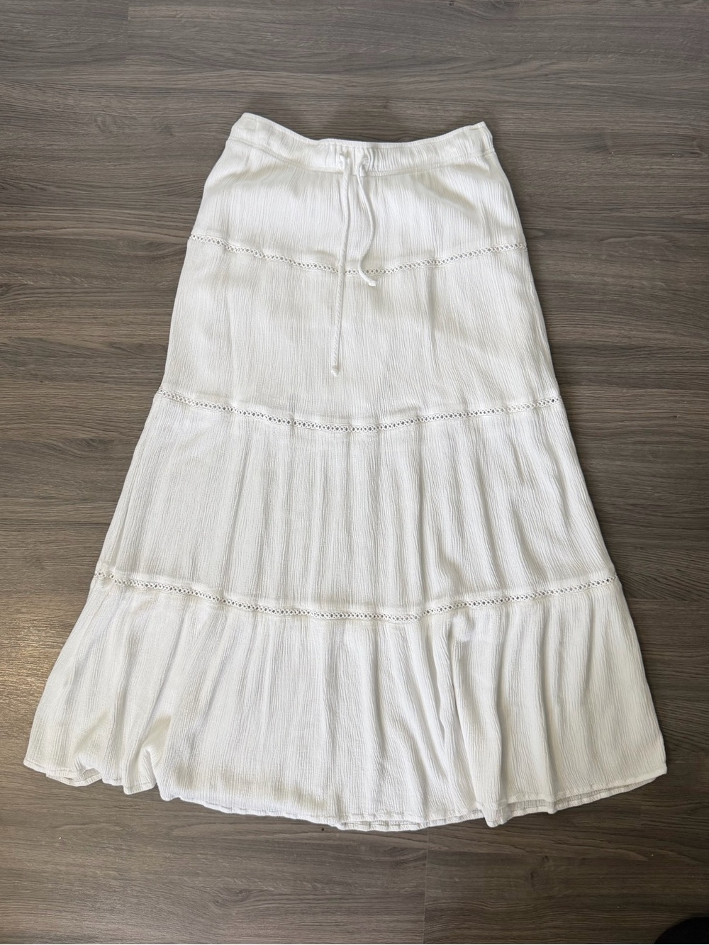 Garage White Tiered Maxi Peasant Flowy Skirt with Drawstring Waist
